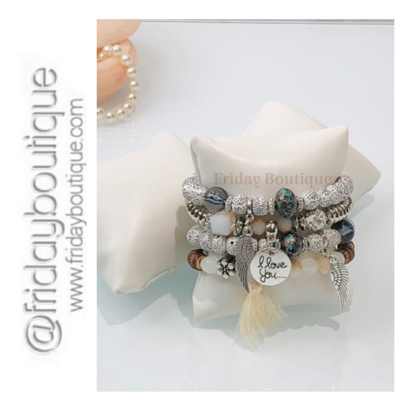 None Jewelry - Bohemian Angel Wings and I Love You Charms Multi Layer Bracelet Set